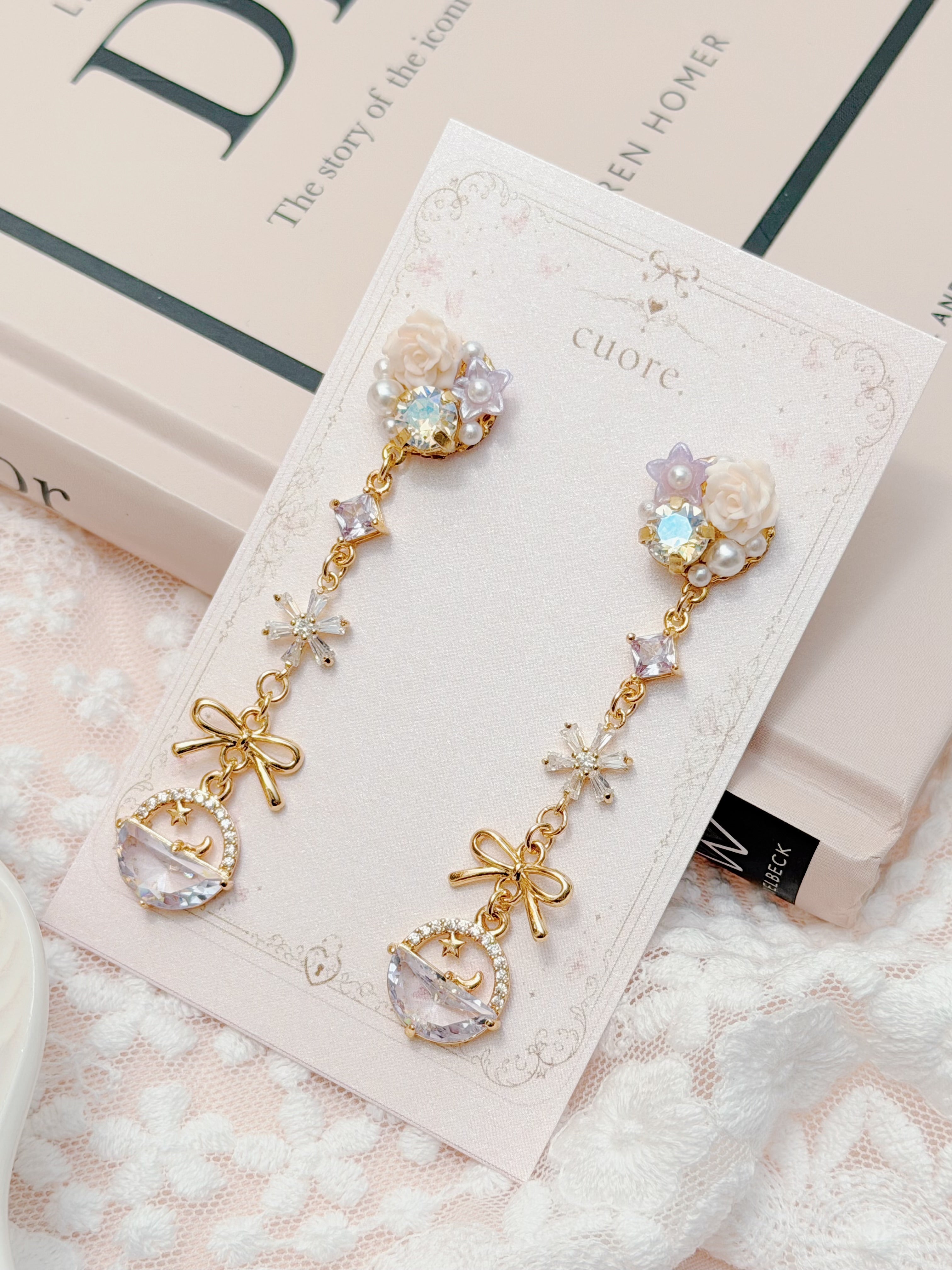 Cuore 星空玫瑰星球蝴蝶結長耳環