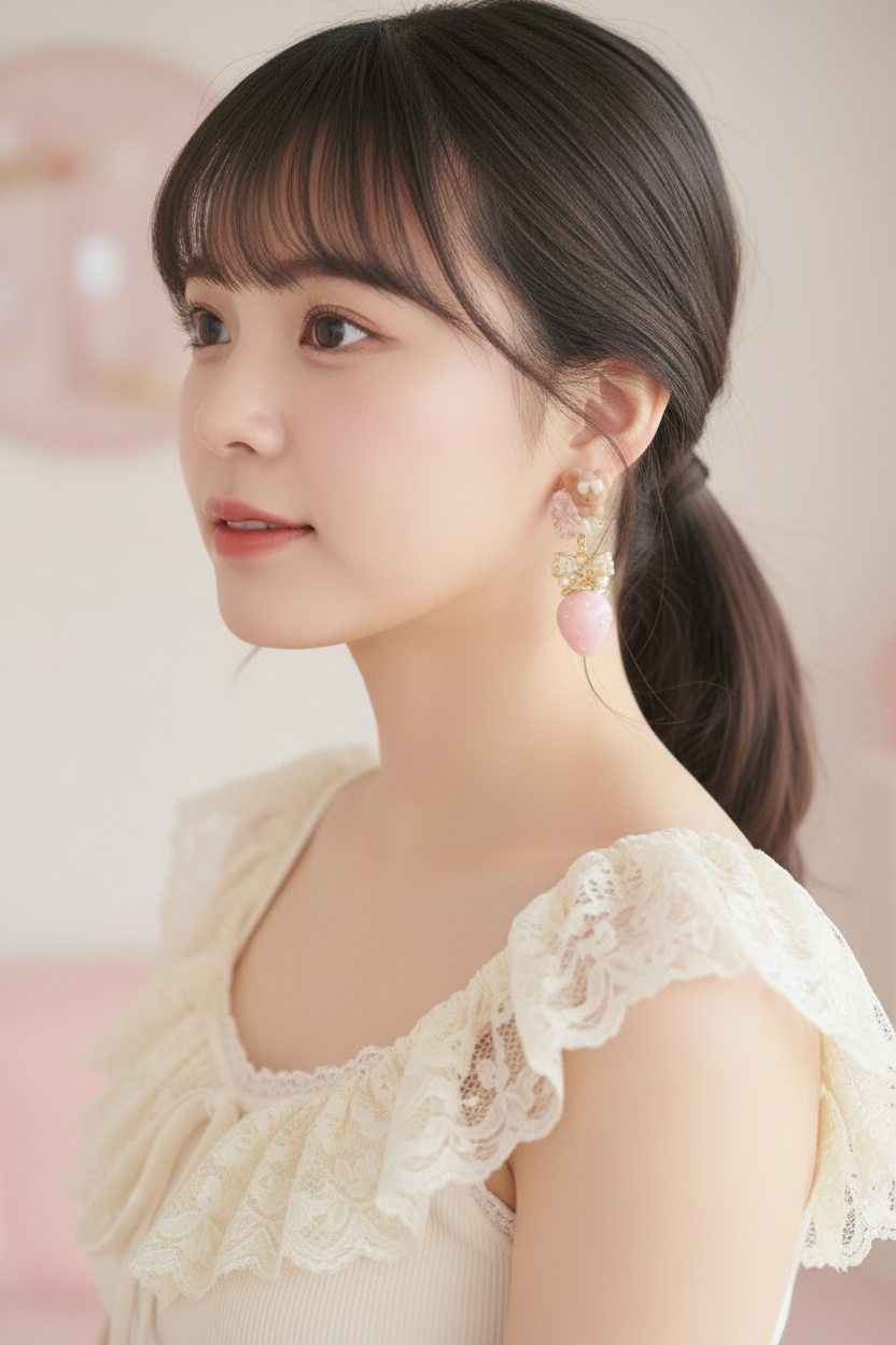 Princess Lady - 熊熊粉色耳環上耳特寫