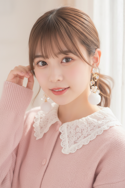 Princess Lady 白色毛球耳環春裝模特兒圖