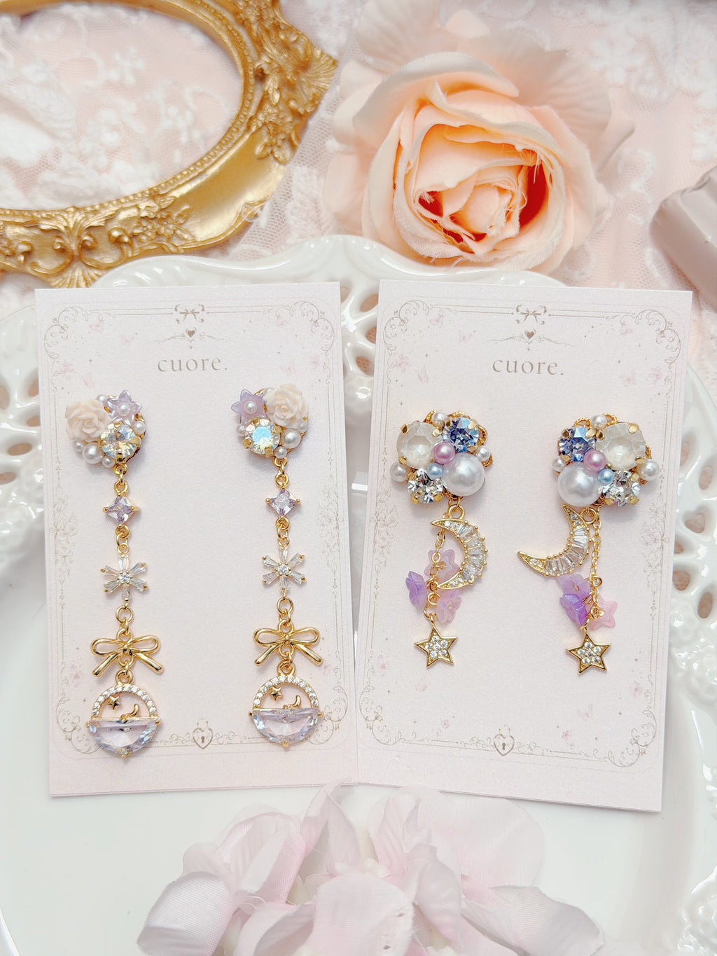 Cuore 星空玫瑰星球蝴蝶結長耳環
